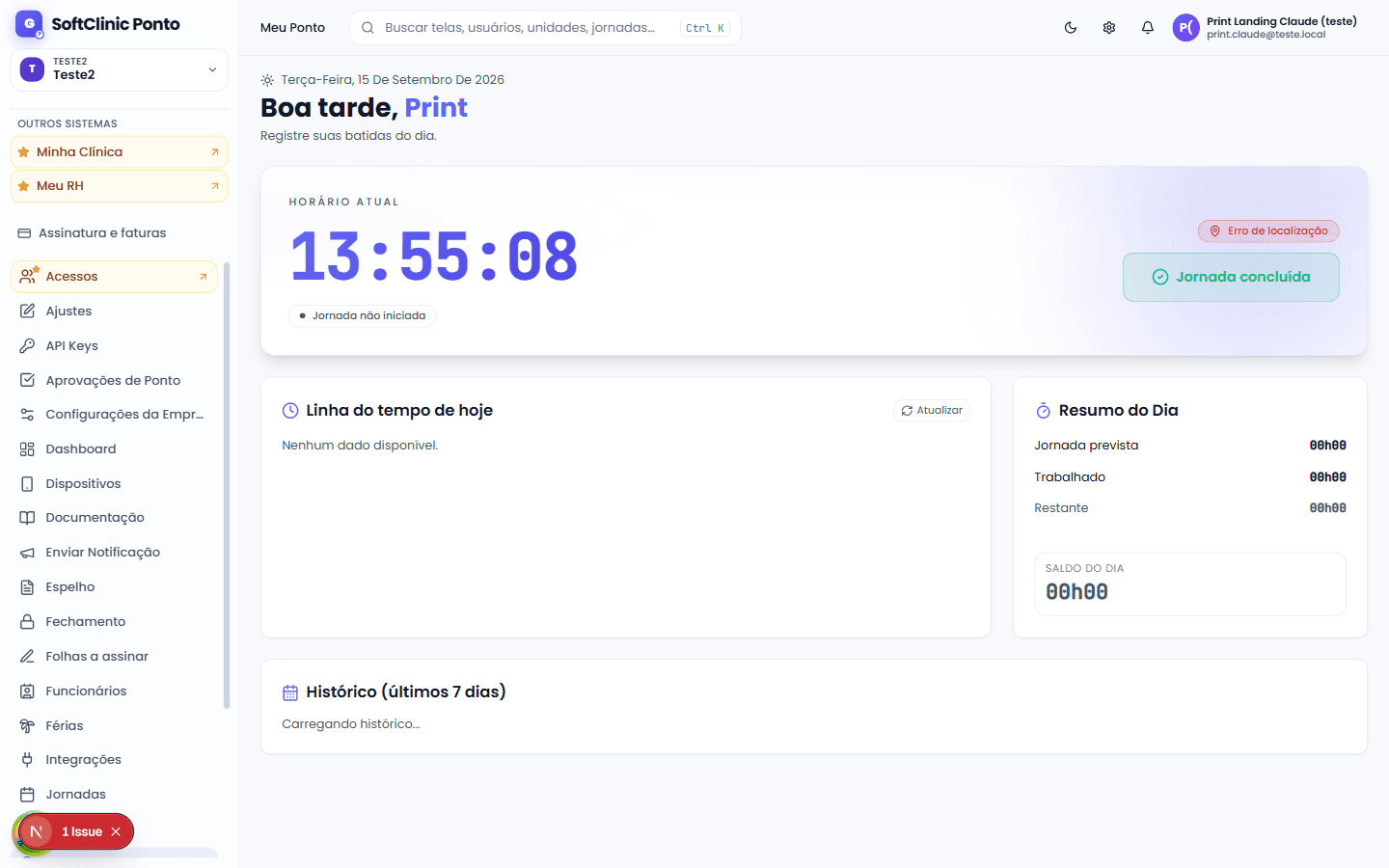Tela Meu Ponto, com relógio, resumo do dia e saldo de horas