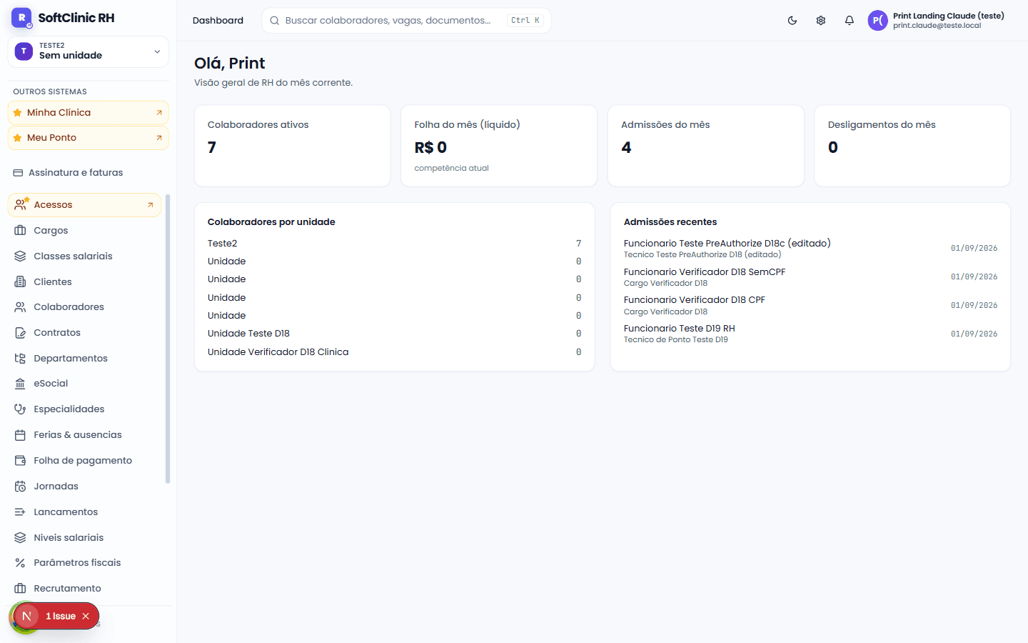 Dashboard do SoftClinic RH com colaboradores ativos, folha do mês, admissões e desligamentos