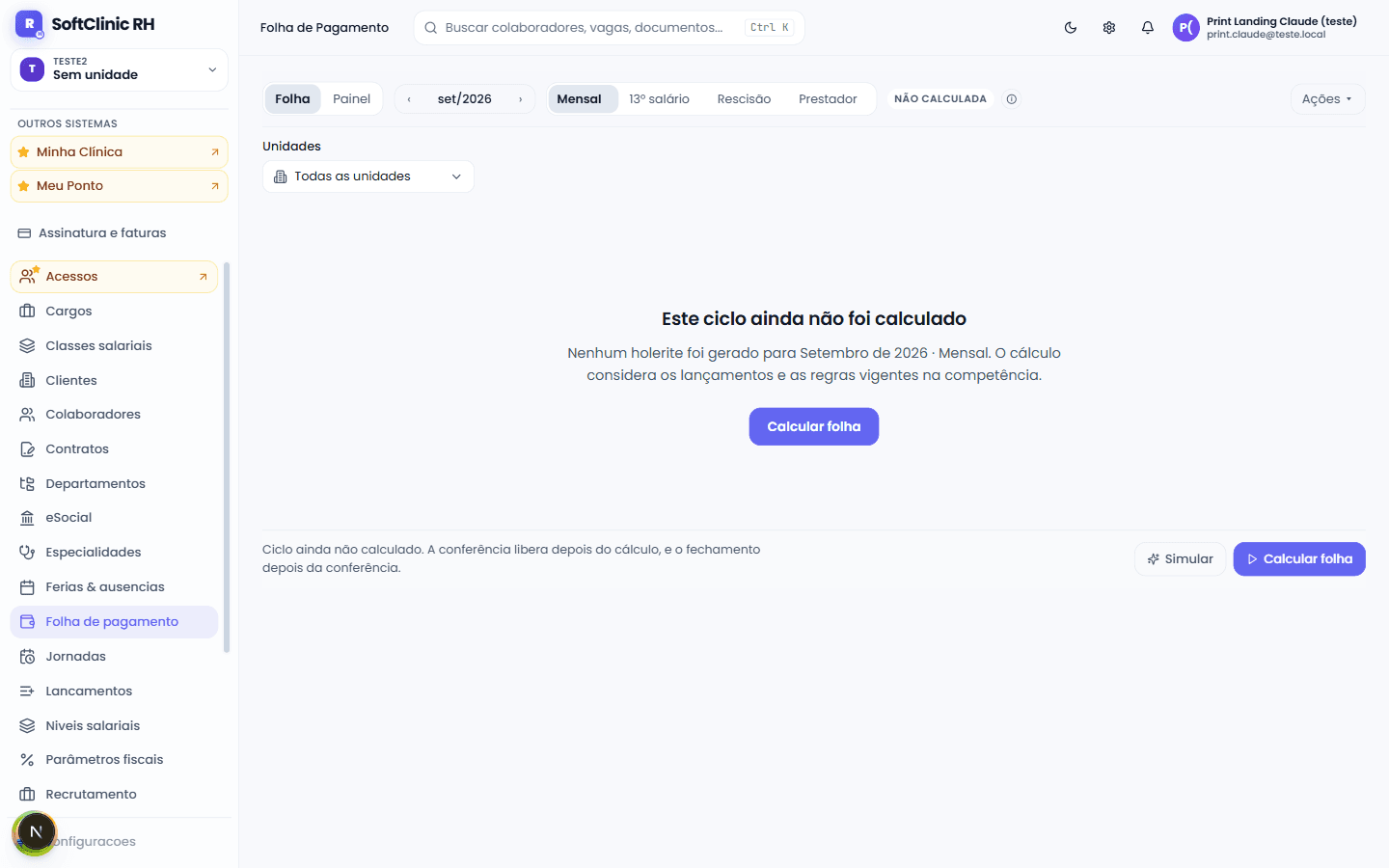 Tela de Folha de pagamento do RH, com a competência set/2026, os tipos mensal, 13º, rescisão e prestador, e o estado não calculada